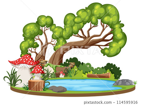 Enchanted Forest Pond with Mushroom and Trees 114595916