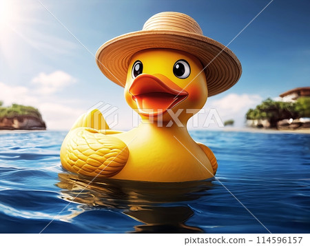A rubber duck in a straw hat swimming in the ocean with a smile. 114596157