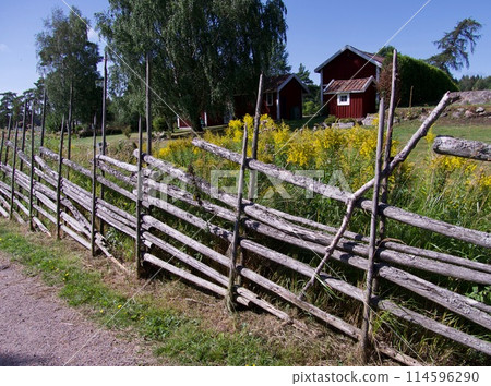 View of construction of modern wooden residential buildings in village. Sweden. 114596290