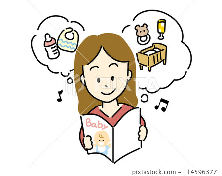 Woman looking at a baby magazine Woman looking at a baby magazine 114596377