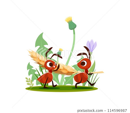 Cartoon ants carry wheat ear for food in meadow grass, vector funny insect characters. Happy ants carrying wheat spikelet to anthill nest walking among field flowers, child cartoon illustration 114596987