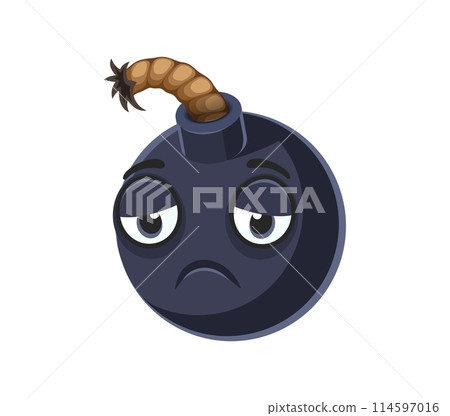 Cartoon bomb character with sad facial expression and an unlit, tattered fuse on top. Isolated vector unhappy explosive weapon emoji with gloomy face, burnt out wick, featuring large, expressive eyes 114597016