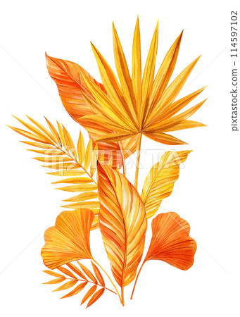 Bright tropical leaves on an isolated background. Yellow, orange dry leaves watercolor hand drawing 114597102
