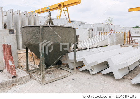 Precast concrete casting manufacturing plant, Cement products large construction site yard business industry. 114597193