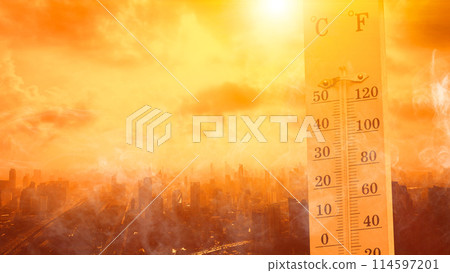 city hot temperature ,Thermometer on yellow sky with sun shining in summer show higher Weather, concept global warming 114597201
