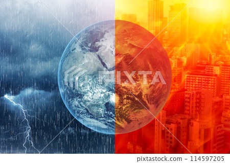 Global warming climate El Nino and La Nina crisis weather effect concept extreme hot wave and heavy storm raining concept, element from NASA 114597205