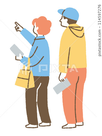 一對夫婦在展覽中觀看一幅畫並指著它_color 114597276