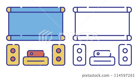 Thin line stroked color icon. Home theater with speakers and projector screen. Premium home cinema equipment. Simple vector isolated on white background 114597281