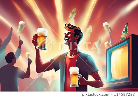 Beer party, festial. Contemporary art collage of male with TV instead head isolated over red background. Beer 114597288