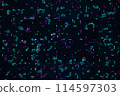 Neon digital background with glowing blue and purple pixels on a black  114597303