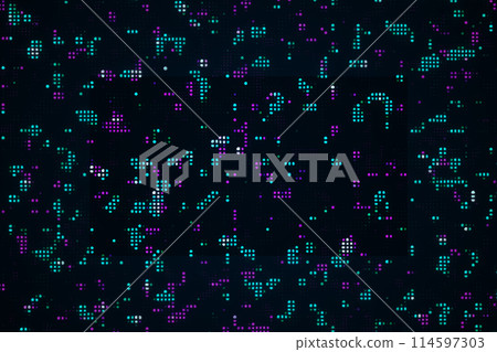 Neon digital background with glowing blue and purple pixels on a black Neon digital background with glowing blue and purple pixels on a black 114597303