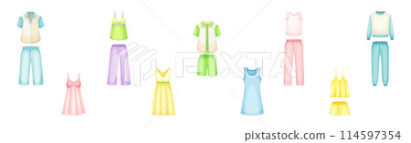 Sleepwear and Pajamas Fashion Home Cozy Clothes Vector Set 114597354