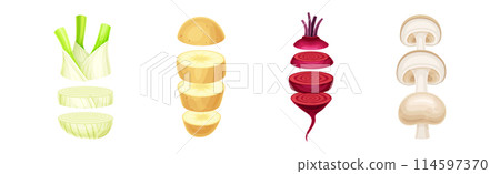 Sliced Vegetable Vertical with Cut Pieces Vector Set Sliced Vegetable Vertical with Cut Pieces Vector Set 114597370