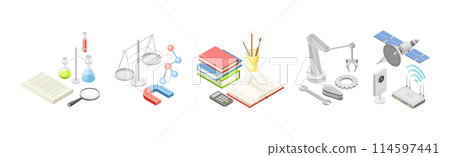 STEM Education and Science Object and Equipment Isometric Vector Set 114597441