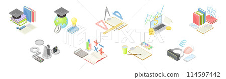 STEM Education and Science Object and Equipment Isometric Vector Set 114597442