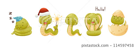 Cute Green Snake Funny Wild Baby Reptile Vector Set 114597458