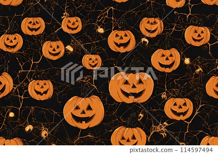 Beautiful image of Halloween with pumpkins hanging on a tree (wallpaper, black background, pumpkin 114597494