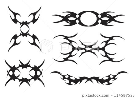 Set Neo tribal y2k aesthetic tattoo gothic cover, fire or wings abstract silhouette isolated on background. Divider, border, cyber body ornament, neotribal web goth decoration 114597553