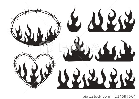 Set Wire Barb heart, oval frame y2k tattoo border, flame silhouette gothic spiky punk print neo tribal isolated on white background. Barbwire emo boundary heart shape. Set Wire Barb heart, oval frame y2k tattoo border, flame silhouette gothic spiky punk print neo tribal isolated on white background. Barbwire emo boundary heart shape. 114597564