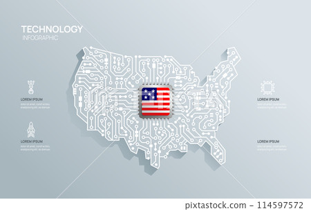 Circuit chip board semiconductor technology infographic. infograph circuit board USA map shape concept background. Vector illustration. Circuit chip board semiconductor technology infographic. infograph circuit board USA map shape concept background. Vector illustration. 114597572