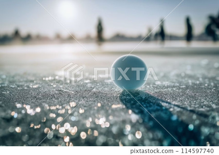 baby blue bokeh background with white skating ice ground and fog on the bottom 114597740