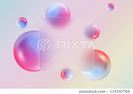 3D creative glass morphism background. Transparent square glass banner with colorful geometric spheres. 114597769