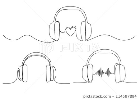 One line headphones with sound wave and heart. Continuous drawing of music gadget. Continuous linear sketch. Doodle vector illustration 114597894