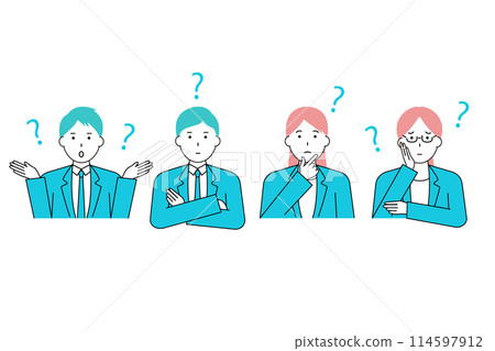 Icon set of businessmen and businesswomen with doubts and worries 114597912