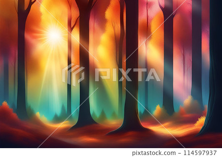 Autumn forest nature. Vivid morning in colorful forest with sun rays through branches of trees. Scenery of nature 114597937