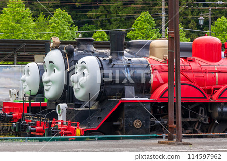 A train waiting to depart at Senzu Station on the Oigawa Railway 114597962