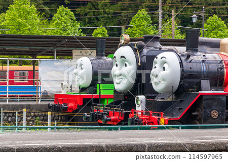 A train waiting to depart at Senzu Station on the Oigawa Railway 114597965