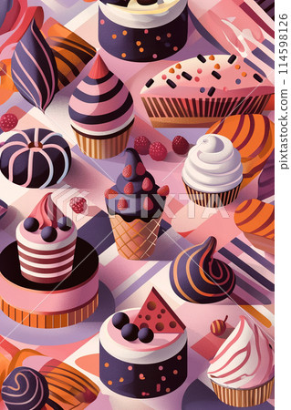 Pop art style geometry pattern with various desserts for bakery Pop art style geometry pattern with various desserts for bakery 114598126