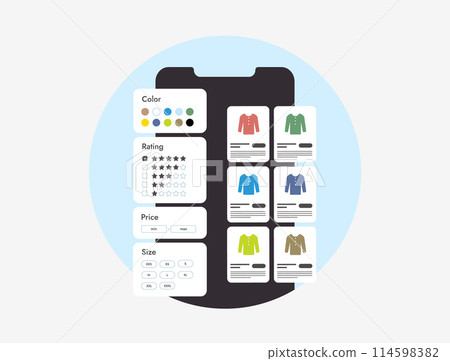 Ecommerce Product Filters - help customers sort offerings by attributes, easing search and boosting sales. Price, rating, color, sizes and other thematic filters in marketplaces and online shops 114598382