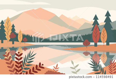 Mountain Scenery with Lake River and Tree and Leaves Plant 114598491