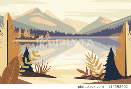 Mountain Scenery with Lake River and Tree and Leaves Plant 114598492