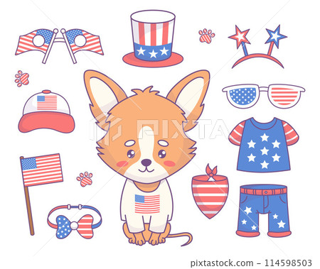 Independence Day holiday set. Cute festive dog chihuahua boy with patriotic clothes, accessories, party decorations in American flag colors. Cartoon funny kawaii pet. Isolated vector illustrations 114598503