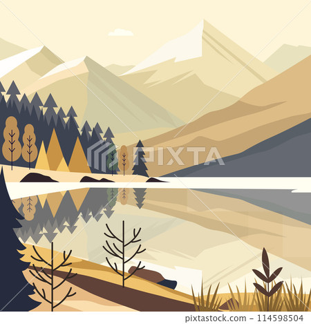 Rocky Mountain Scenery with Lake River and Pine Tree in Forest Rocky Mountain Scenery with Lake River and Pine Tree in Forest 114598504
