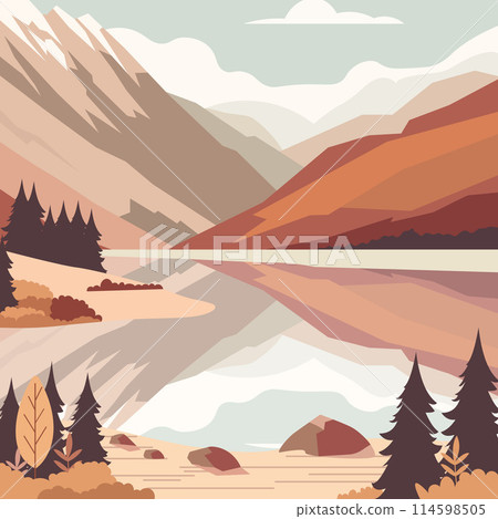 Rocky Mountain Scenery with Lake River and Pine Tree in Forest 114598505