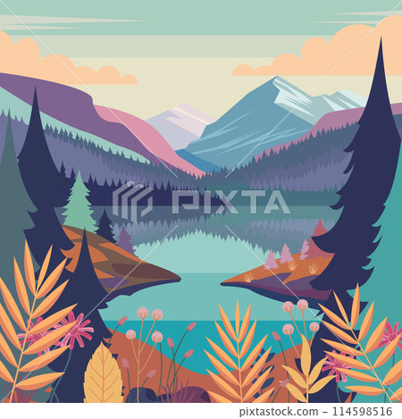 Colorful Nature View of River Mountain with Pine Tree Floral Plant 114598516