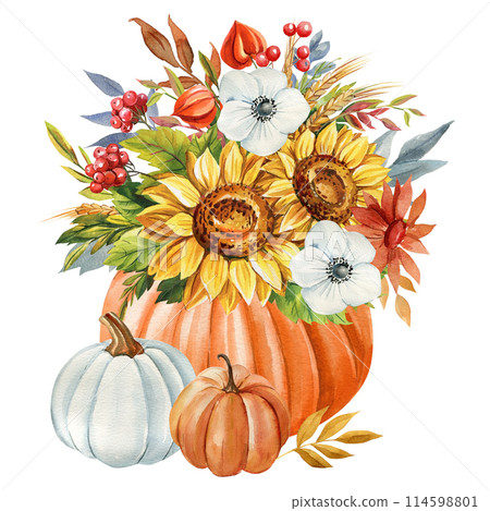 Pumpkin, sunflower flowers, leaves Watercolor. Vintage Fall botanical painting. Hand-painted autumn illustration clipart 114598801