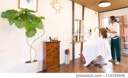 Male hairdresser and female customer performing treatment at a hair salon 114599048