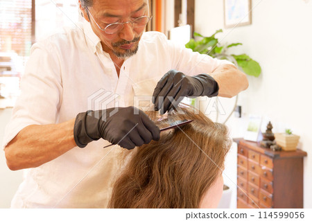 Hairdresser and female customer coloring 114599056