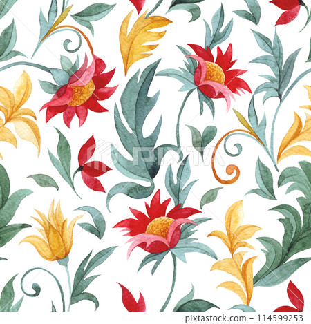watercolor seamless pattern of red and yellow ornaments. oriental pattern on a white background 114599253