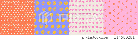 Retro hand drawn groovy seamless patterns set. Kiddy vintage aesthetic backgrounds set. Funky, trippy, psychedelic, heart, hippie, 60s, 70s, distorted rough pattern. Vector illustration. 114599291