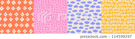 Retro childish groovy seamless pattern set. Colorful vintage aesthetic textile decor. 70s funky, trippy, psychedelic, floral, hippie, 60s, 70s, distorted patterns. Vector hand drawn illustration. 114599297