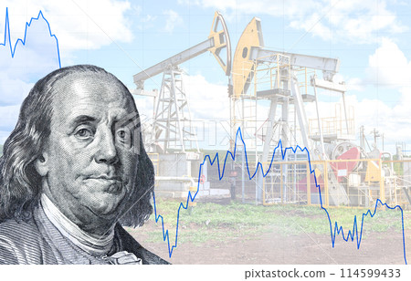 Benjamin Franklin portrait from american dollars against the graph rate chart and oil pump jack extraction machine 114599433