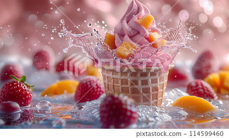 fruity ice cream in a cone, splash of water with fruit strawberry peach mango. 114599460