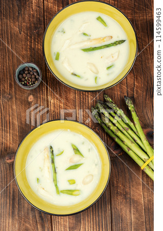 Homemade asparagus cream soup. 114599463