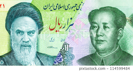 Iranian rial banknote with Ayatollah Khomeini and Mao Zedong portrait on a chinese yuan banknotes Iranian rial banknote with Ayatollah Khomeini and Mao Zedong portrait on a chinese yuan banknotes 114599484