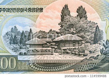 Birthplace of Kim Il Sung in Mangyongdae-guyok on the reverse side of the North Korean banknote. North Korean currency Birthplace of Kim Il Sung in Mangyongdae-guyok on the reverse side of the North Korean banknote. North Korean currency 114599486